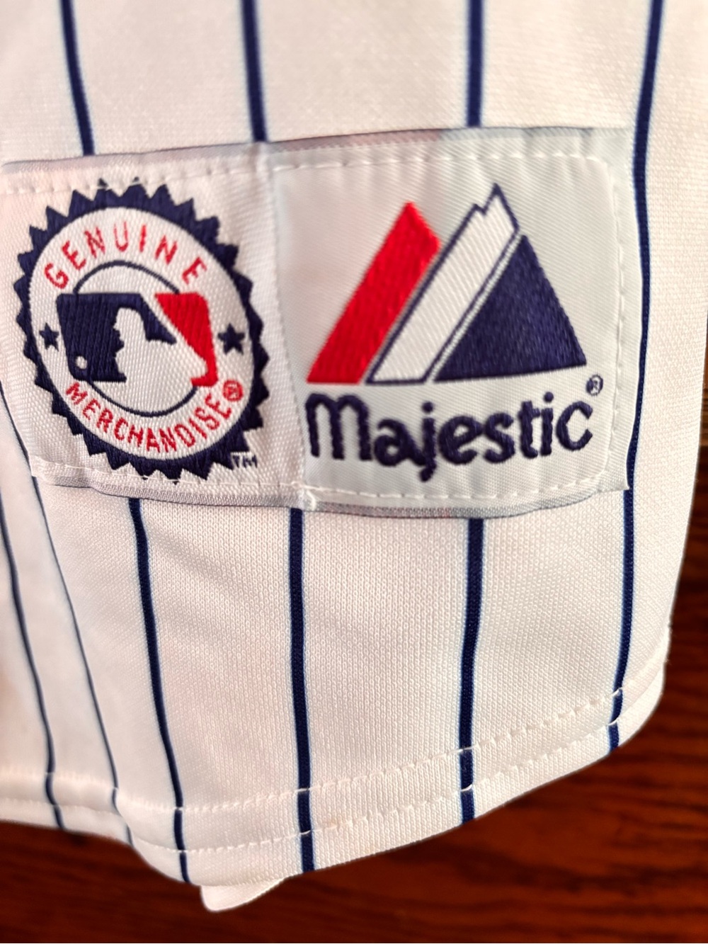 Majestic White Pinstripe Baseball Jersey with Blue and Red Logo - Picture 3 of 8